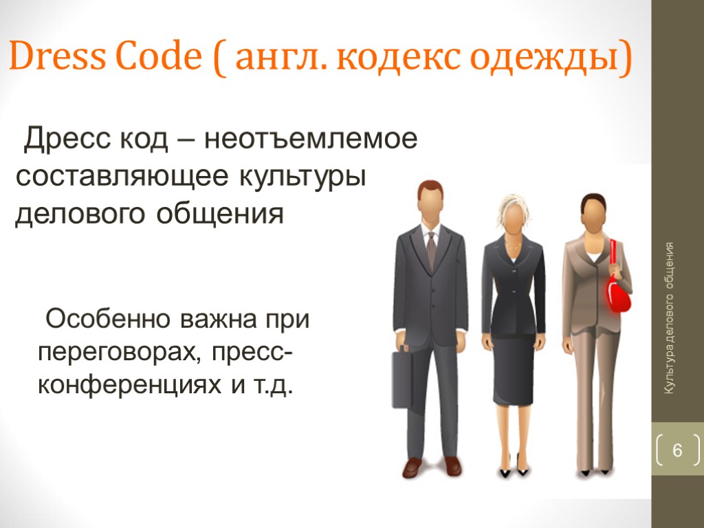 Dress Code ( англ. кодекс одежды) 6 Культура делового общения Дресс код – неотъемлемое